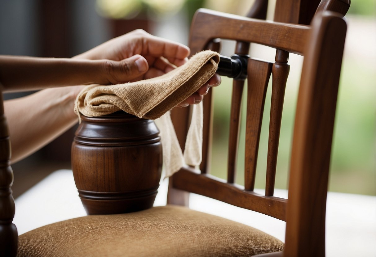 A person gently polishing an old wooden chair with a soft cloth