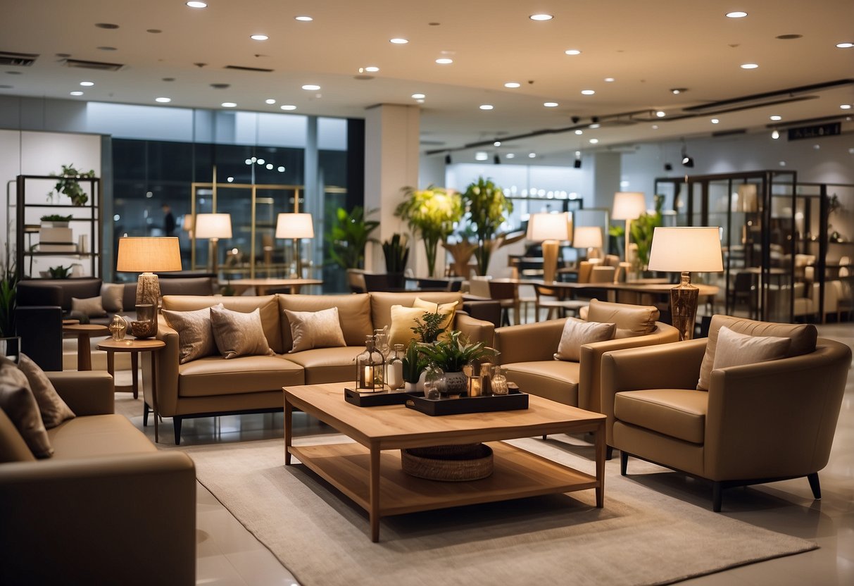 Customers browsing furniture displays in Yishun shops. Brightly lit showroom with various styles and designs