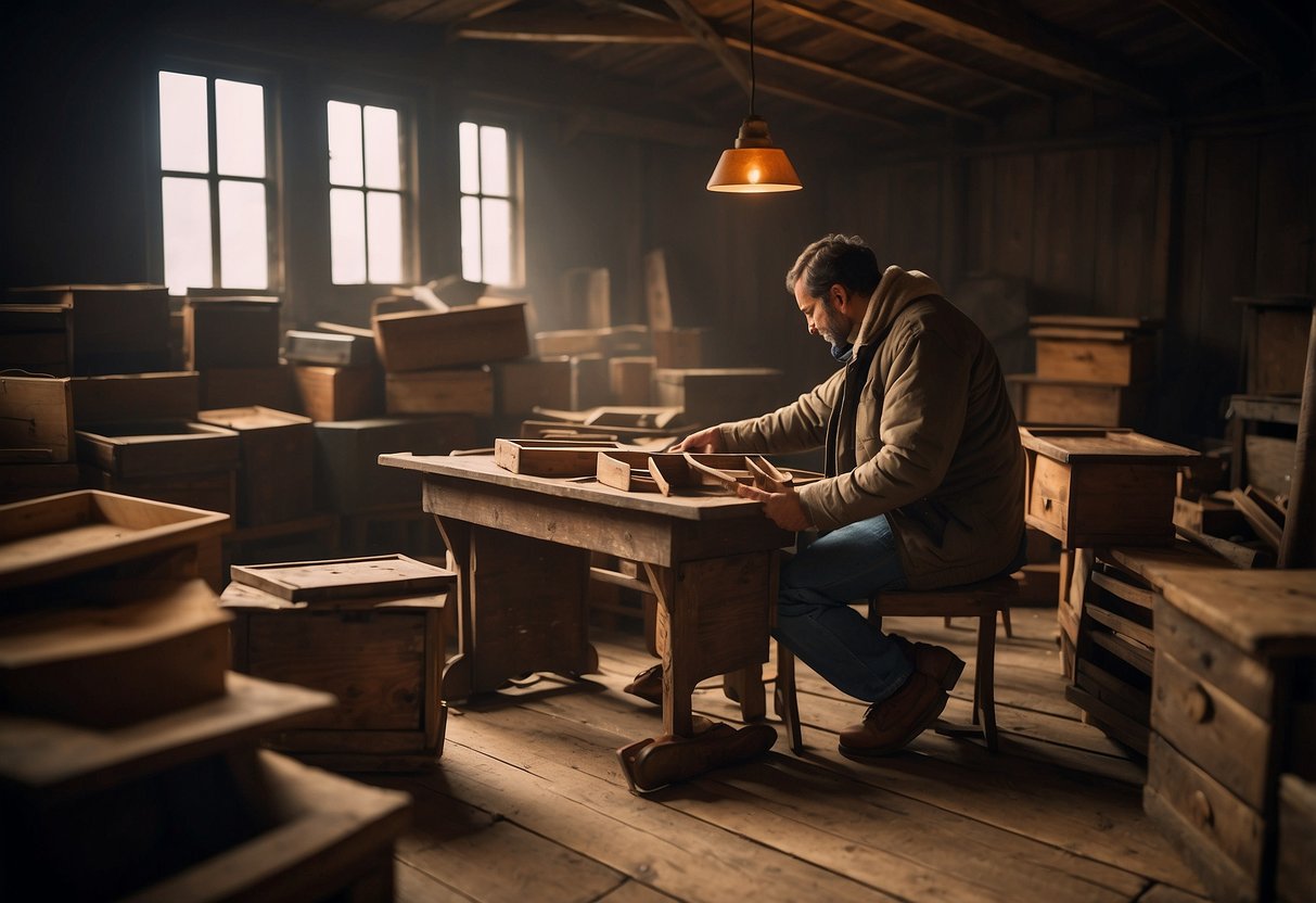 A person finding and collecting old wooden furniture in a dusty, dimly lit attic