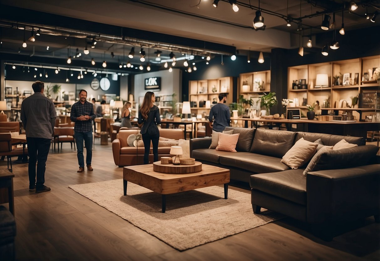 A bustling furniture shop with customers browsing and staff assisting. Signs and displays highlight frequently asked questions for shoppers