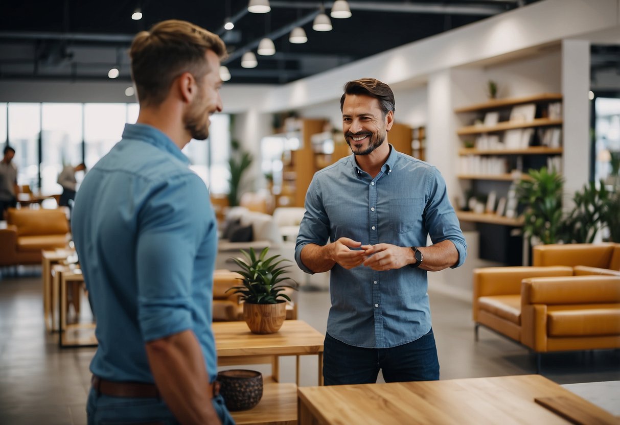 Customers browse furniture, smiling and chatting with staff. Showroom is bright, clean, and well-organized. Positive atmosphere and satisfied customers