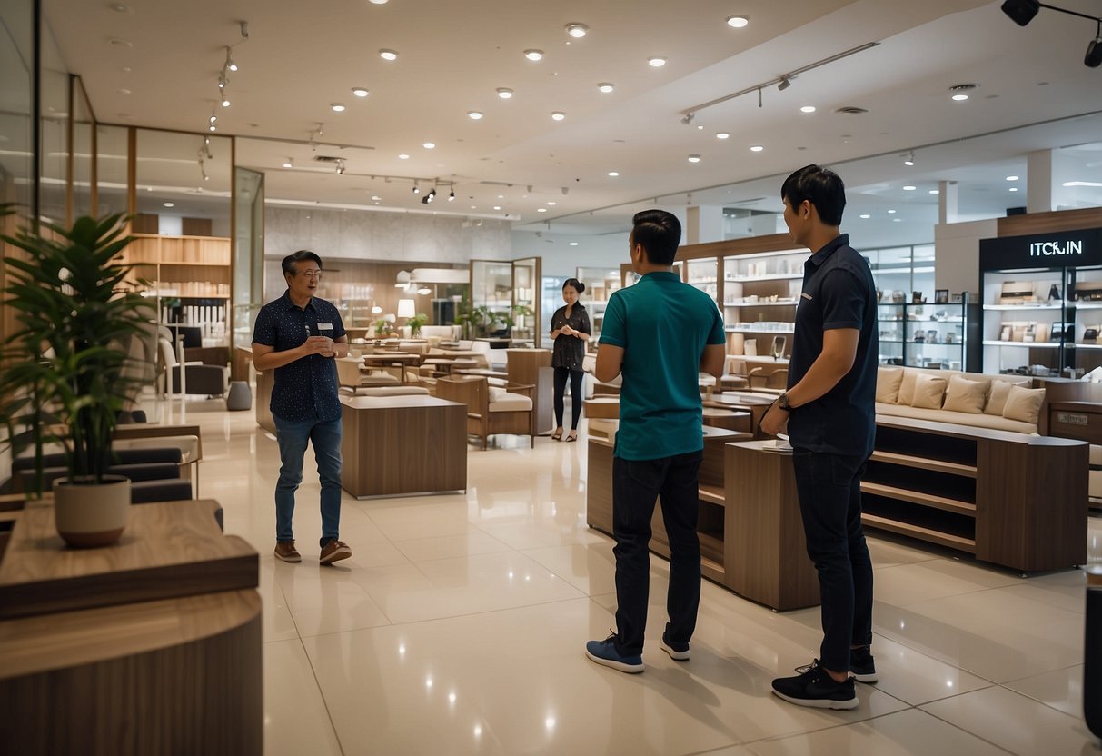 Customers browsing furniture displays in the Yishun shop. Signage and product labels are visible. Staff assist with inquiries