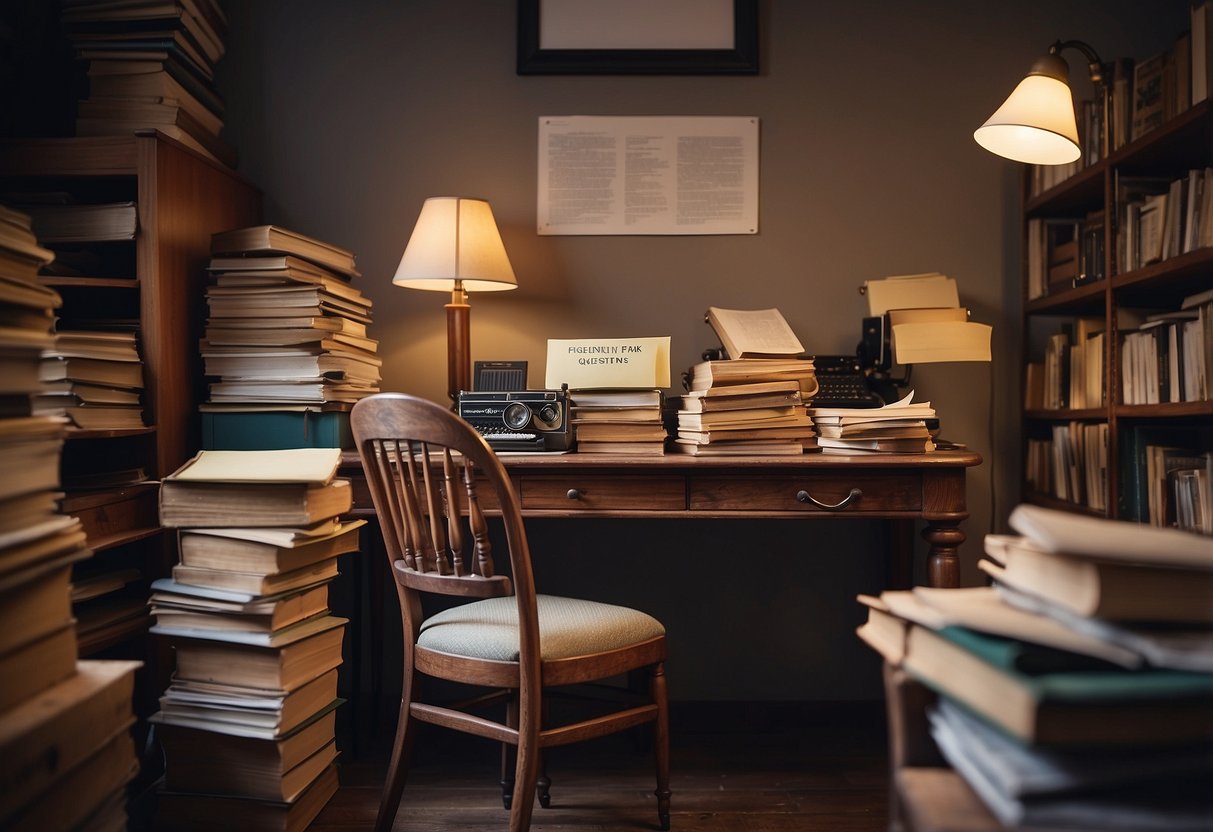 An old wooden desk and chair surrounded by stacks of papers and open books. A sign reads "Frequently Asked Questions" above the furniture