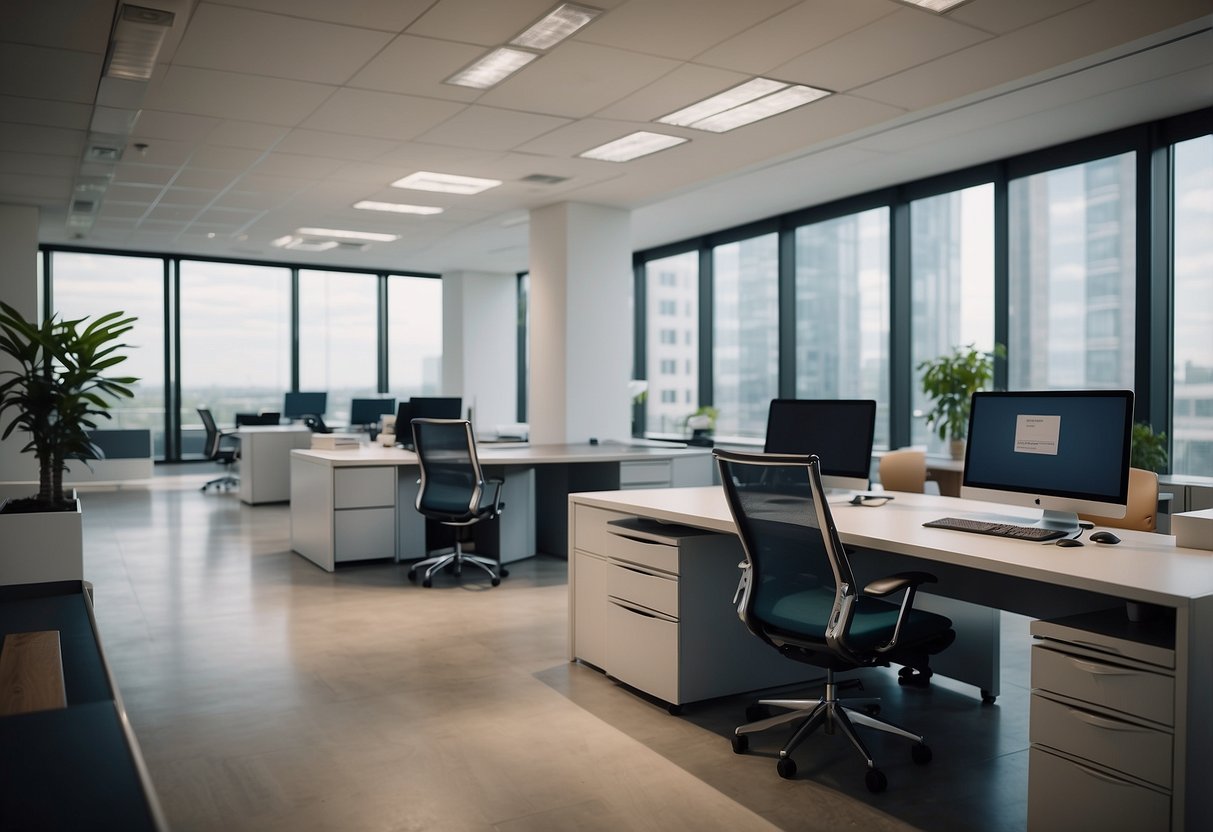 A modern office with sleek desks, chairs, and shelving, all neatly organized and labeled with the Netsuite furniture brand logo