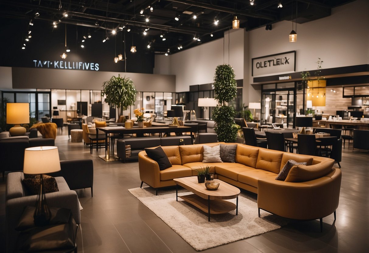 A modern furniture store with online, in-store, and mobile shopping options. Customers browsing products on tablets and smartphones while staff assist in person