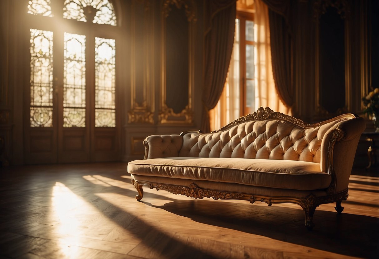 A grand, ornate sofa sits in a room filled with unique, artistic furniture pieces. The room is bathed in warm, golden light, casting dramatic shadows