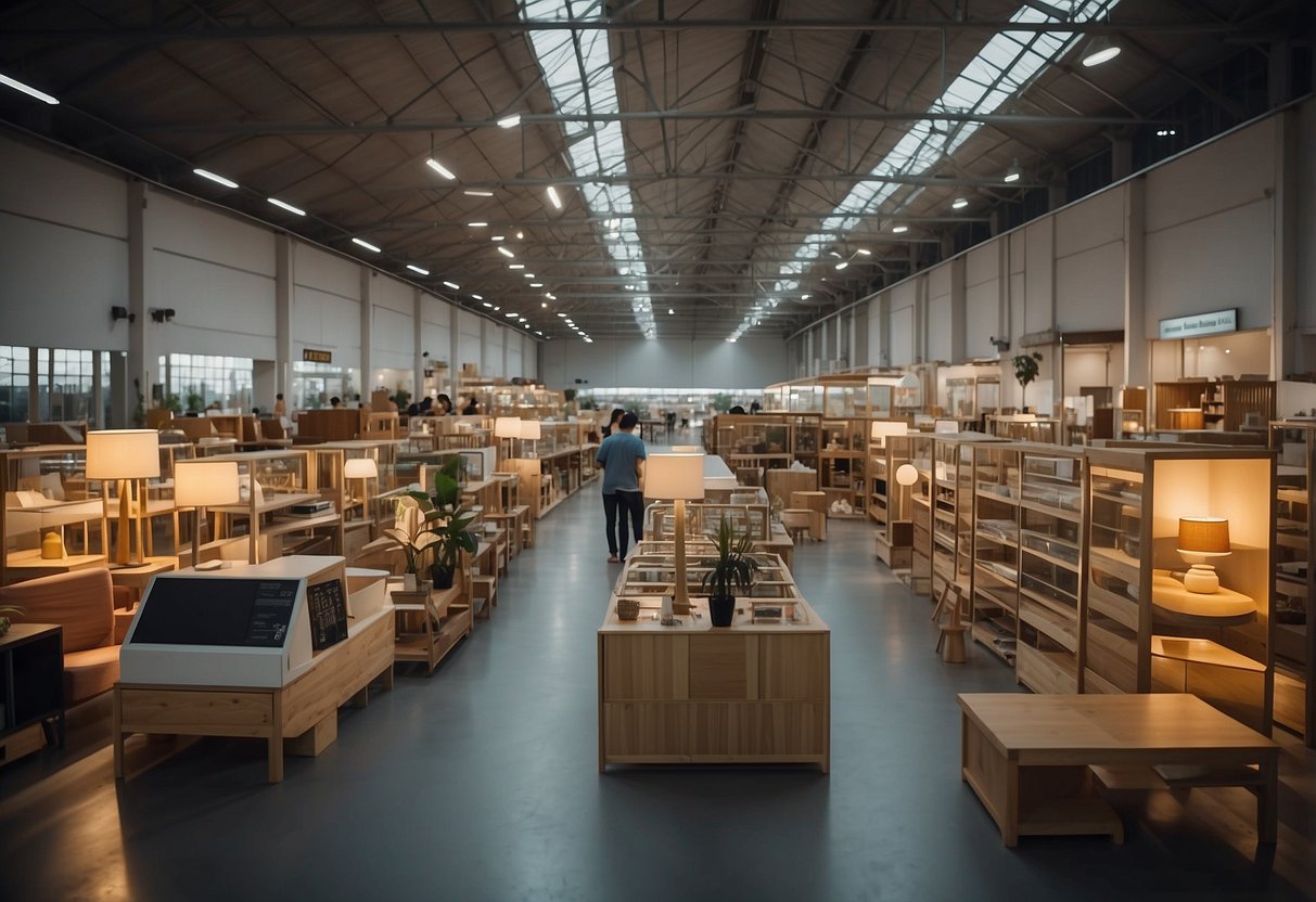 Customers browsing through rows of affordable furniture in a spacious warehouse in Singapore. Bright lighting and colorful displays create a lively atmosphere