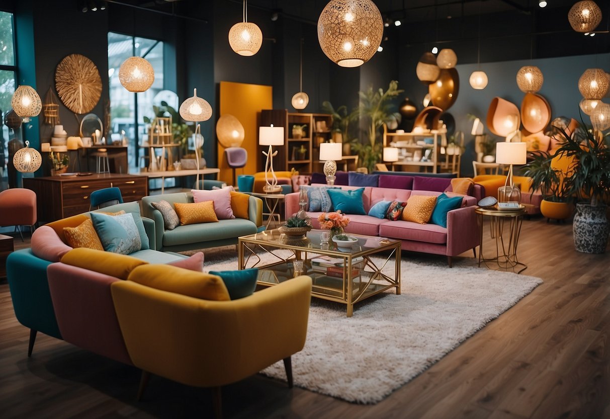 A whimsical, colorful furniture showroom with unique designs and intricate details