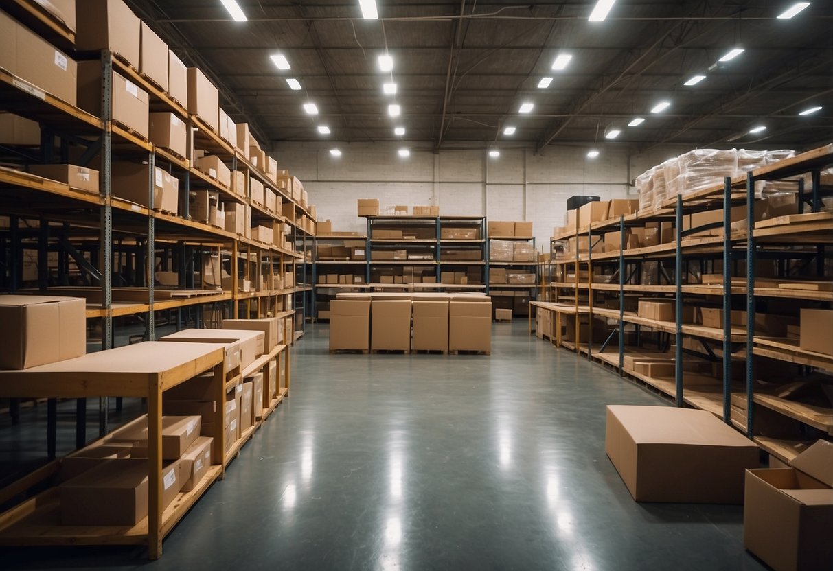 Various popular furniture types and collections displayed in a spacious warehouse setting, with shelves and racks filled with affordable pieces