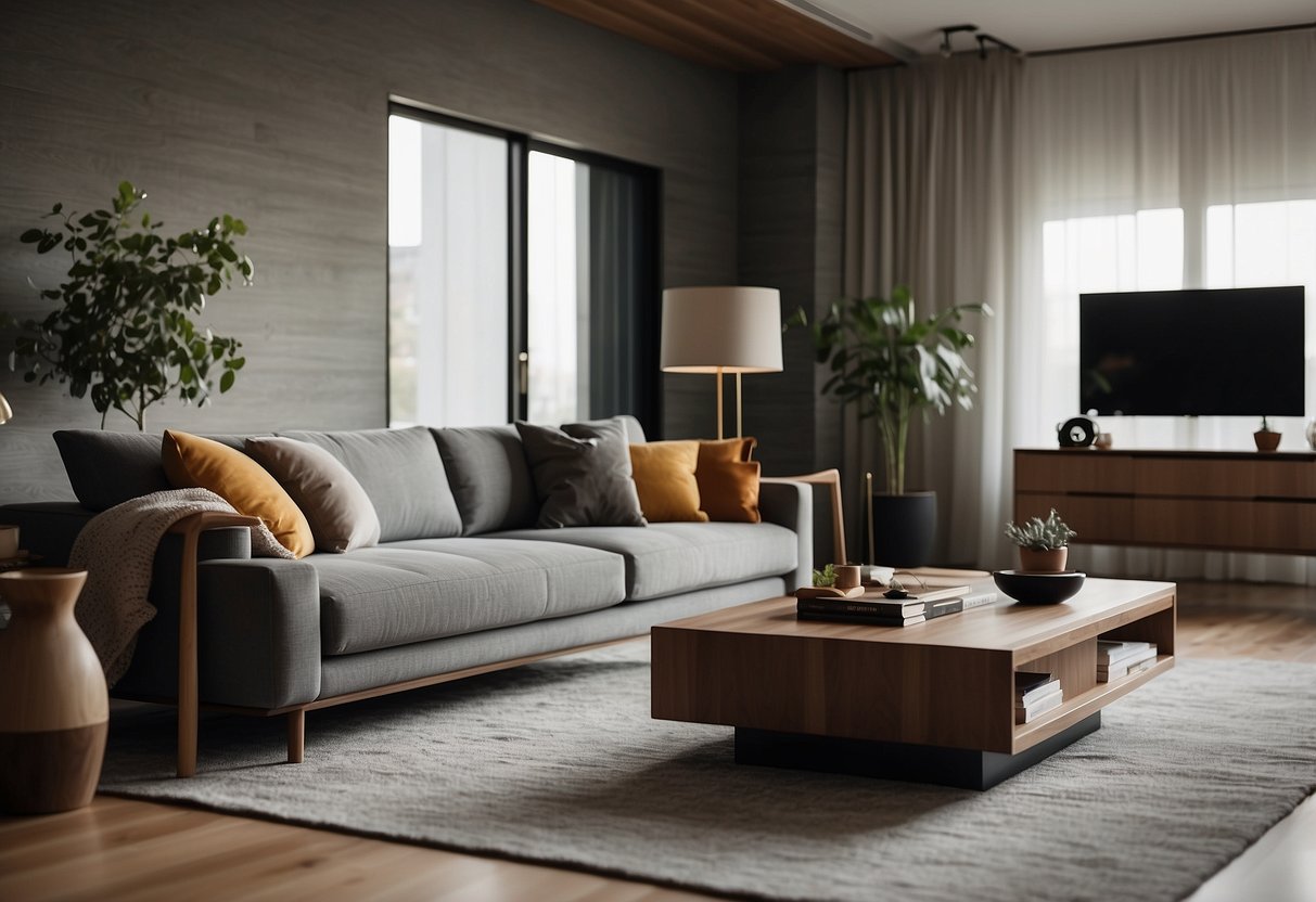 A cozy living room with sleek, modern furniture and plush, luxurious fabrics