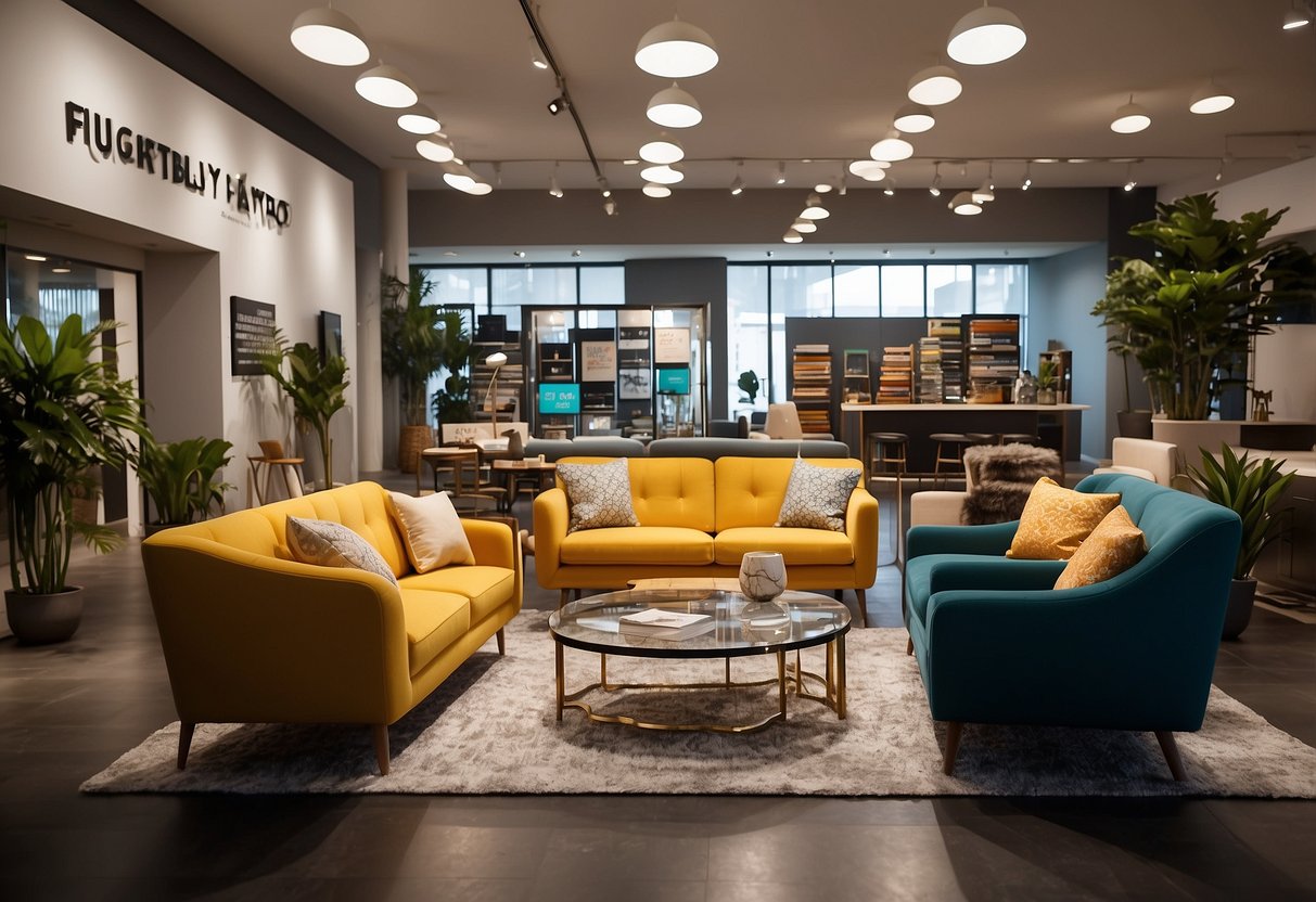 A colorful furniture showroom with a sign reading "Frequently Asked Questions fantastic furniture" above a display of stylish and modern pieces