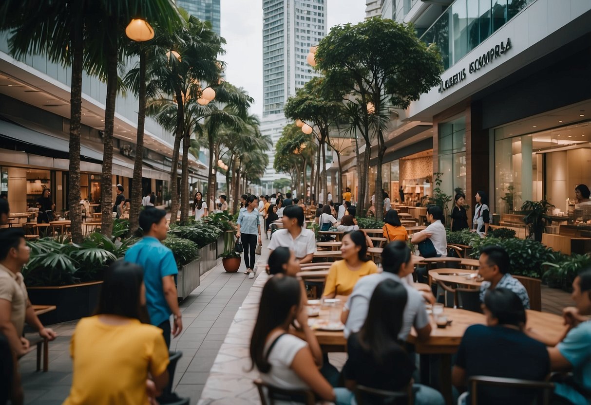 A bustling boulevard in Singapore, lined with modern and stylish furniture stores, showcasing sleek designs and vibrant colors