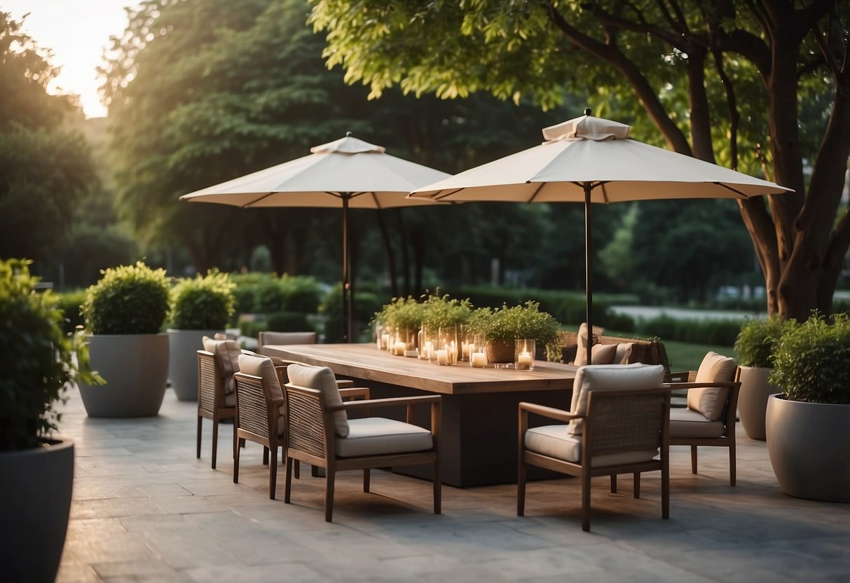 A serene outdoor setting with modern furniture arranged on a boulevard, surrounded by lush greenery and soft ambient lighting