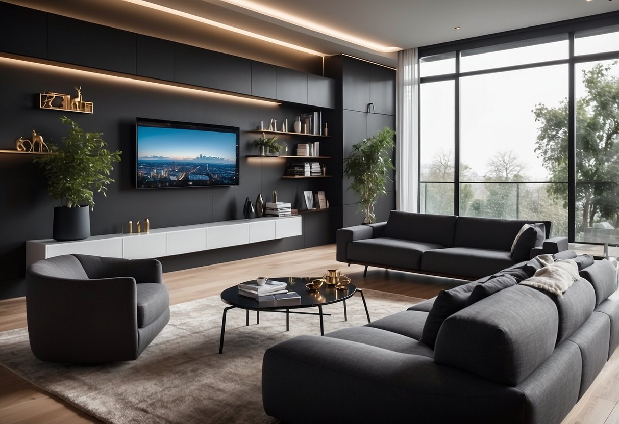 A modern living room with sleek built-in furniture, seamlessly integrated into the walls and providing storage and functionality