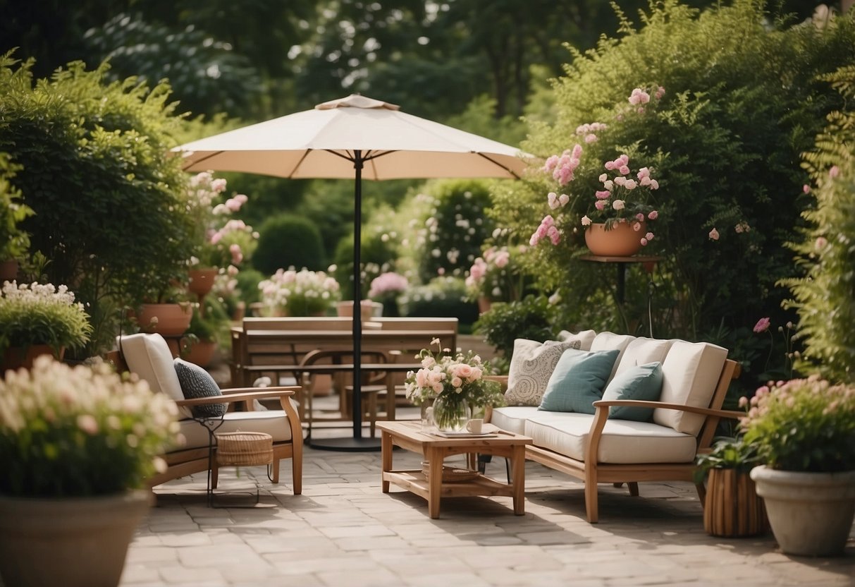 A cozy outdoor oasis with boulevard furniture, surrounded by lush greenery and blooming flowers. A peaceful retreat with comfortable seating and a tranquil ambiance