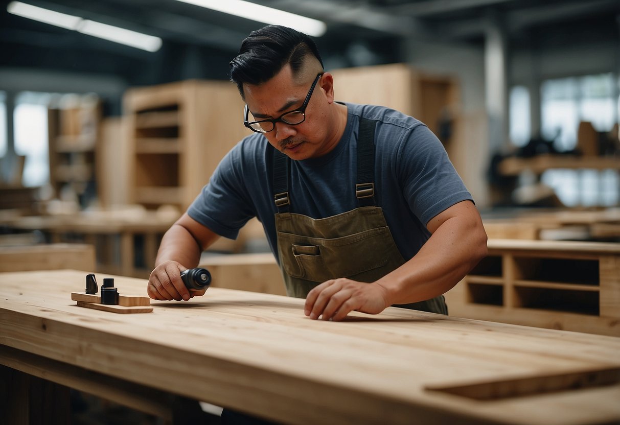 A carpenter carefully customizes and cares for built-in furniture in a modern Singapore workshop