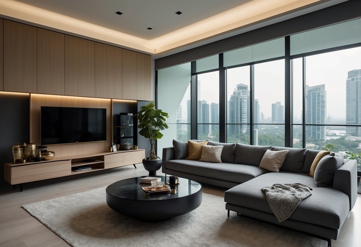 A modern living room with sleek built-in furniture in Singapore. Clean lines and minimalistic design create a stylish and functional space