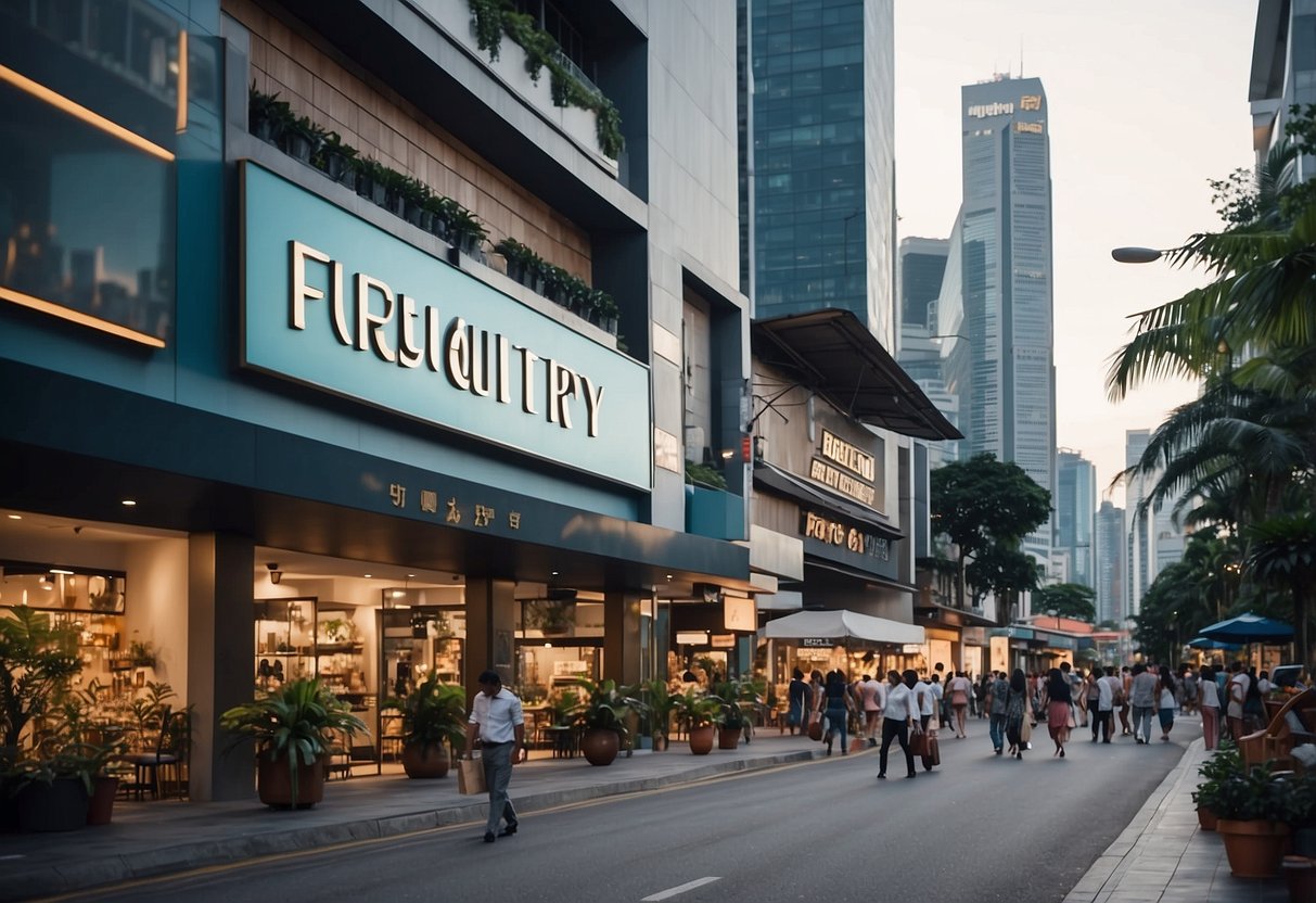 A busy street with a prominent sign for "Frequently Asked Questions" furniture store in Singapore, surrounded by bustling shops and pedestrians