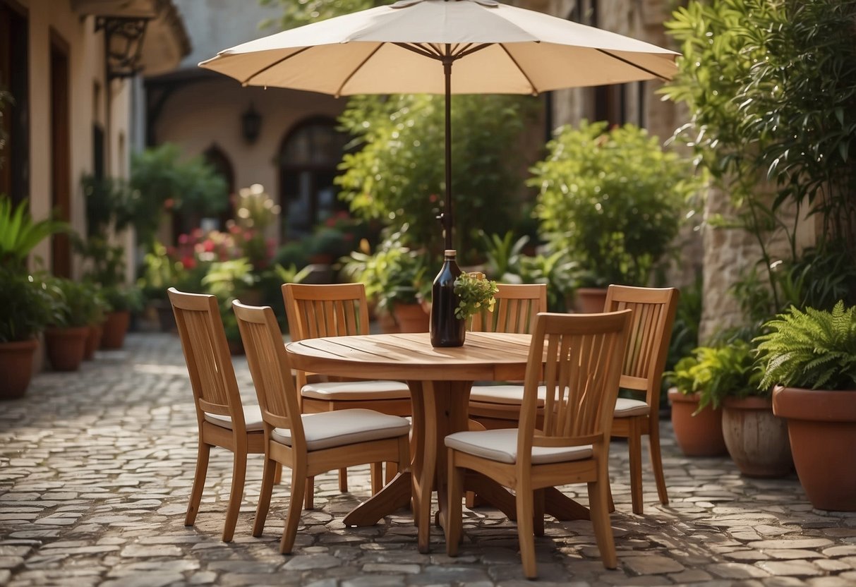 A wooden table and four chairs arranged on a stone patio, surrounded by potted plants and a small umbrella providing shade