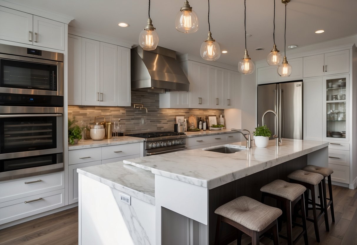 A modern kitchen with sleek white cabinets, stainless steel appliances, and a marble countertop. A large island with bar seating and pendant lighting above