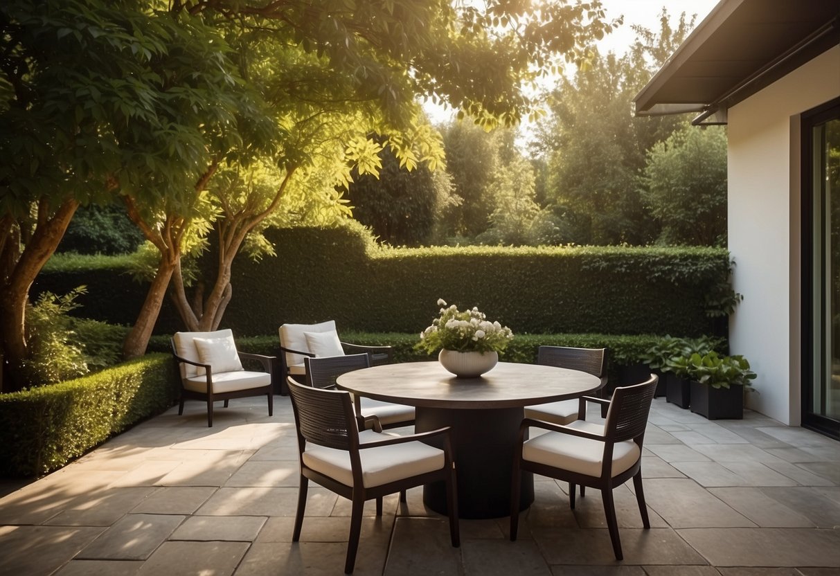 A patio with a table and chairs, surrounded by lush greenery and bathed in warm sunlight. The furniture is sleek and modern, with clean lines and comfortable cushions