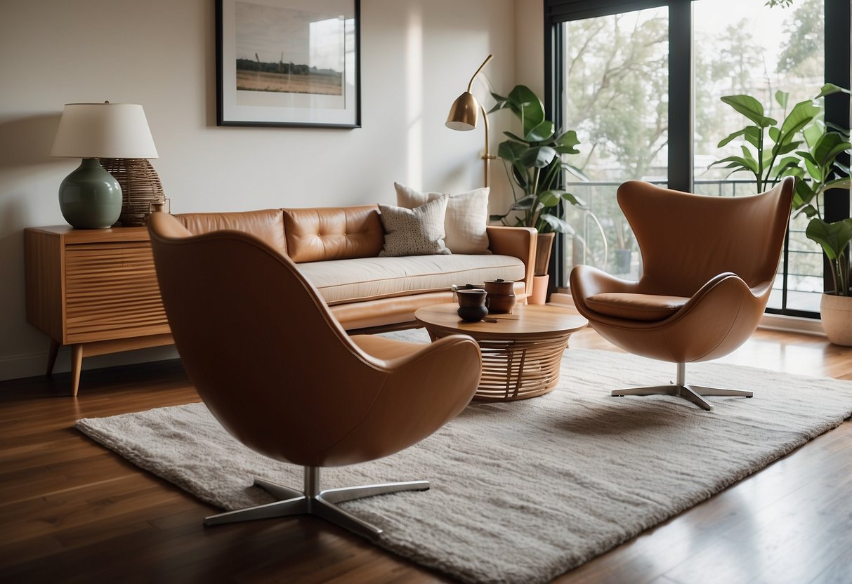 A living room with sleek mid century modern furniture, including a low-profile sofa, a teak coffee table, and a statement-making egg chair