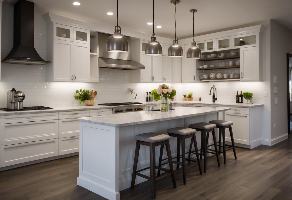 A modern kitchen with sleek, white cabinets and marble countertops. A large island with barstools and pendant lighting. Open shelving and stainless steel appliances
