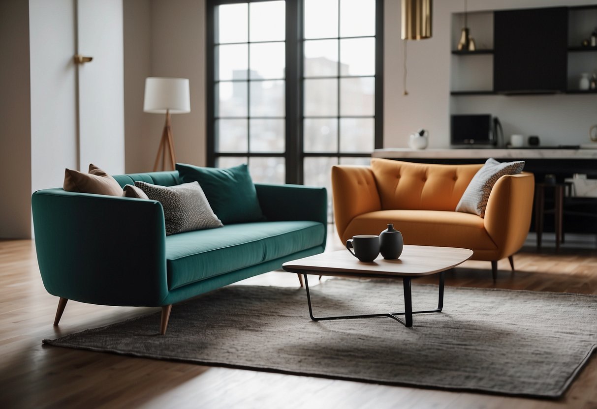 A sleek, low-profile sofa sits atop tapered legs. A minimalist coffee table with clean lines and geometric shapes complements the sofa. A statement armchair with organic curves and a bold color adds a pop of personality to the scene