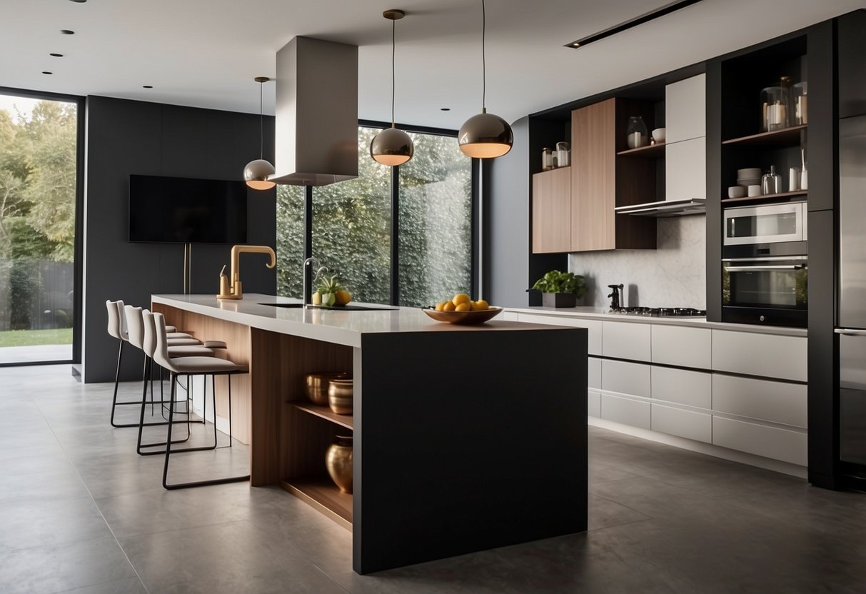 A sleek, modern kitchen with clean lines and minimalist design. The furniture includes a stylish island, sleek cabinets, and integrated appliances for a seamless look