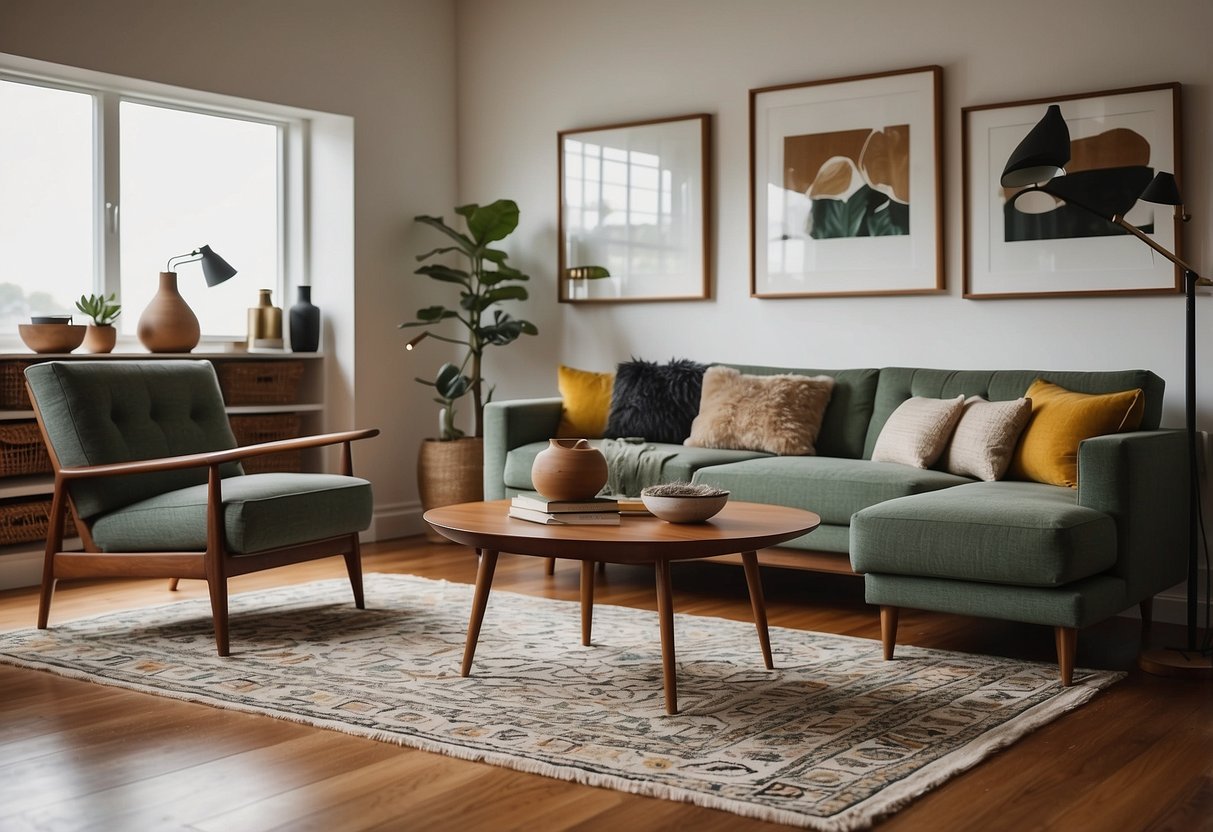 A living room with a sleek mid-century modern sofa, a teak coffee table, and a geometric rug. A minimalist bookshelf and a vintage floor lamp complete the stylish look