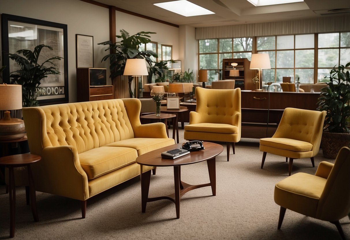 A room filled with mid century modern furniture, including chairs, tables, and lamps, with a sign reading "Frequently Asked Questions" displayed prominently