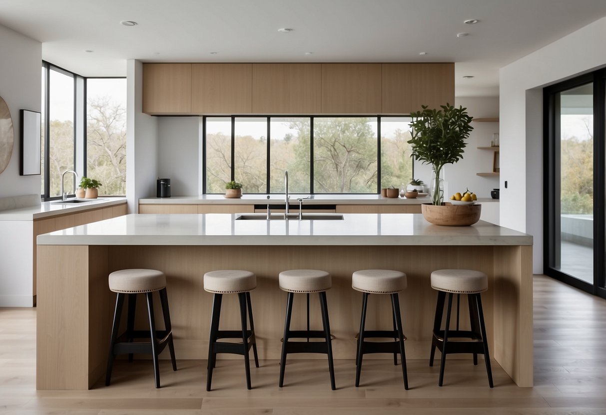 A modern kitchen with sleek cabinets, a spacious island, and trendy bar stools. The room is filled with natural light, and the decor is minimalistic with clean lines and neutral colors
