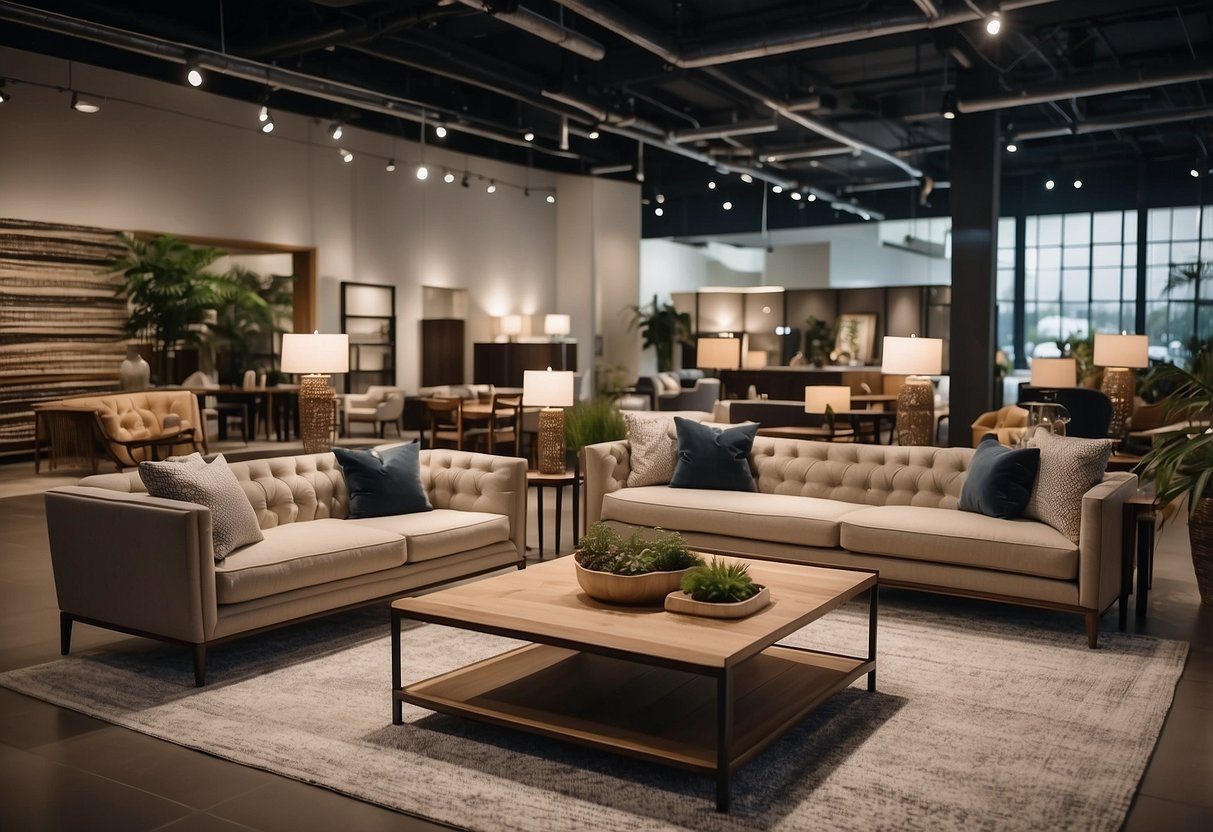 A spacious showroom at Casa Furniture Outlet, with modern and classic furniture displays, soft lighting, and a welcoming ambiance