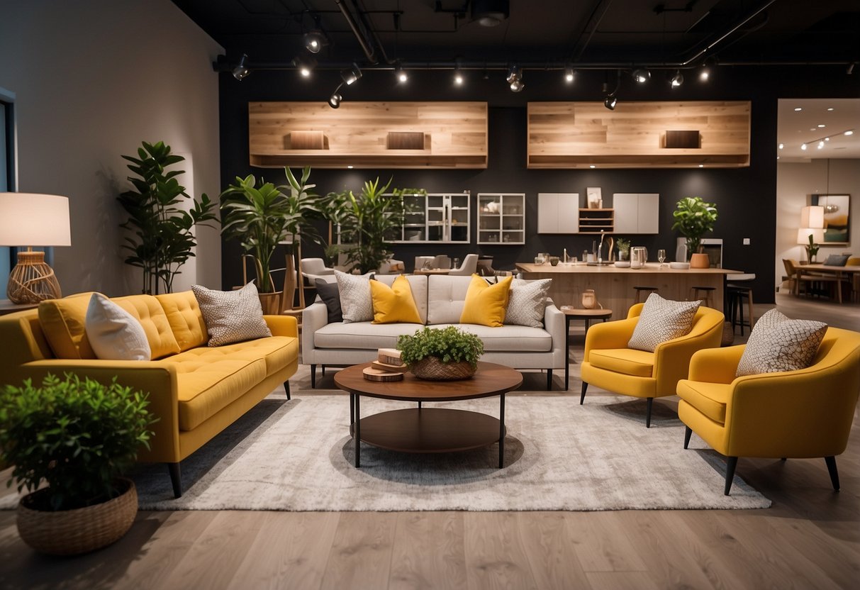 A modern furniture showroom with sleek displays, cozy living room setups, and vibrant decor options. Bright lighting and spacious layout create an inviting atmosphere