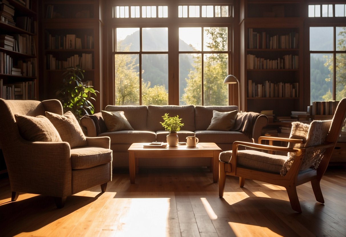 A cozy living room with cedarwood furniture, including a coffee table, bookshelf, and armchair. Sunlight streams through the window, casting warm shadows on the polished wood surfaces