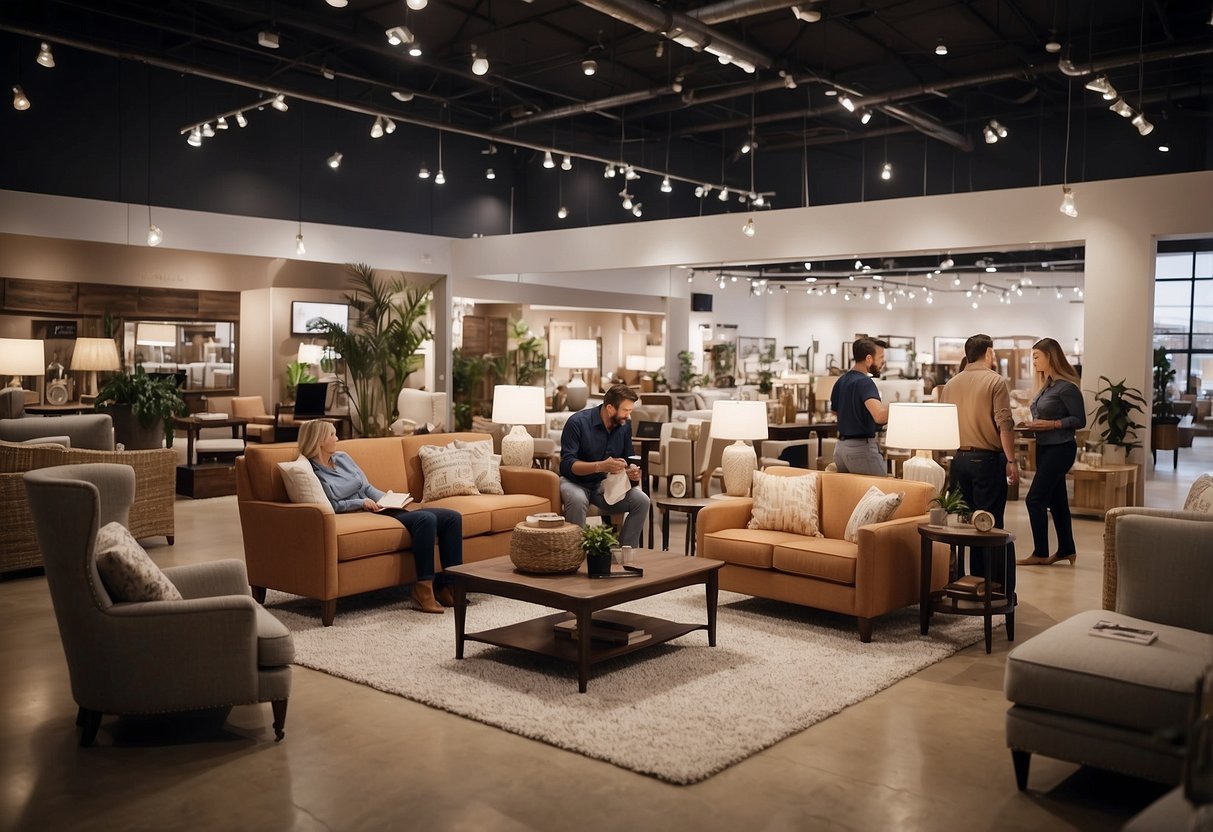 A bustling showroom with customers browsing, staff assisting, and signage displaying "Frequently Asked Questions" at Casa Furniture Outlet