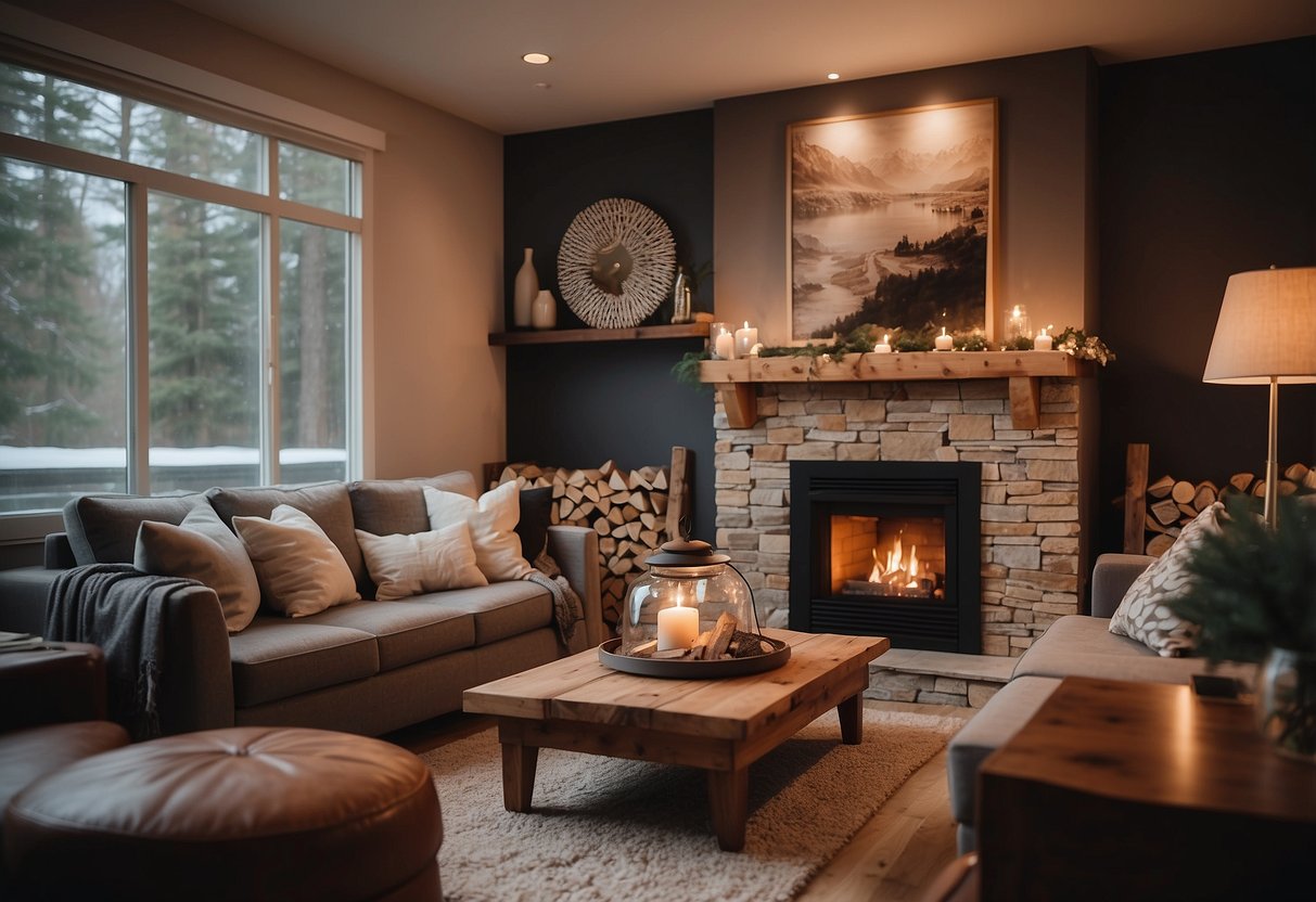 A cozy living room with cedarwood furniture, warm lighting, and a crackling fireplace