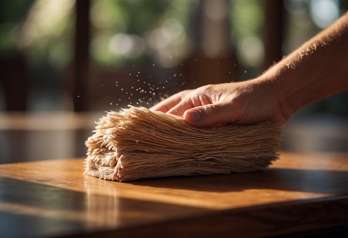 A hand gently wipes dust from a cedarwood table, revealing its natural grain and warm, rich color