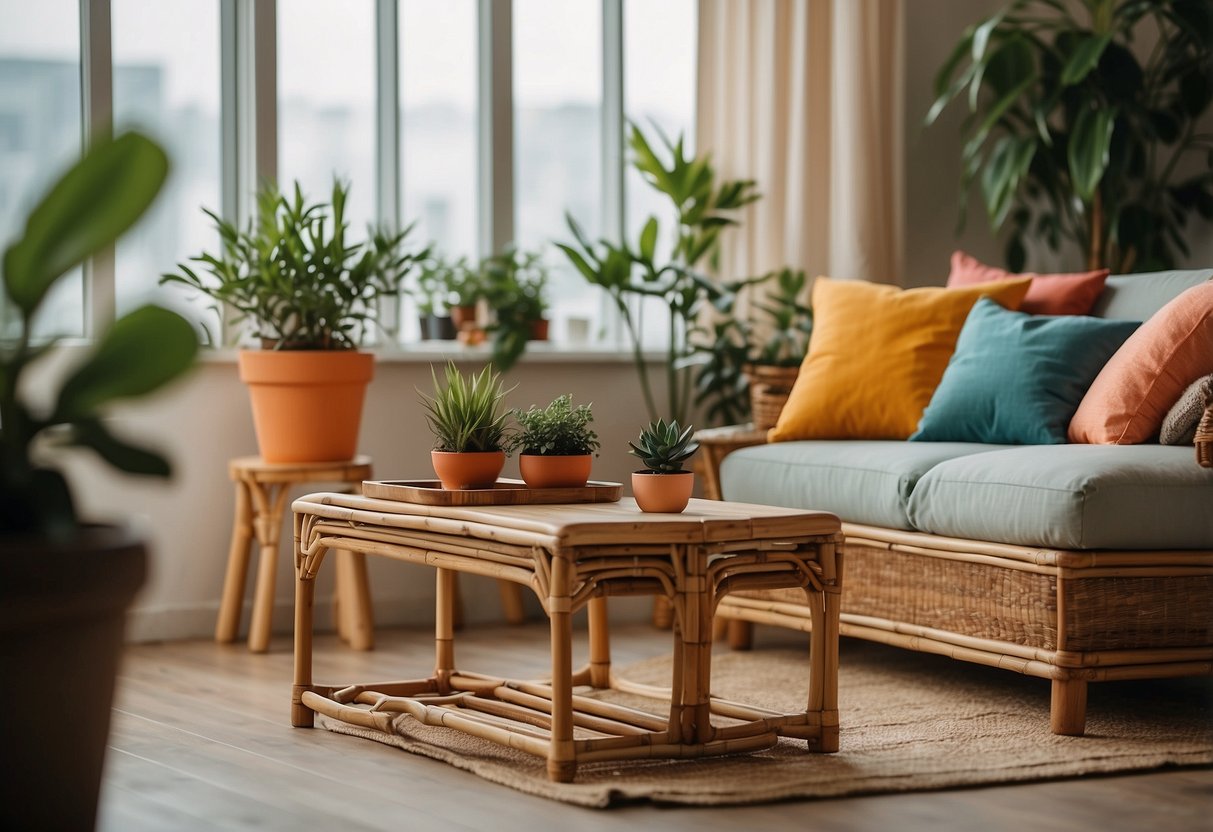 A cozy living room with a bamboo chair and table, adorned with colorful cushions and a potted plant