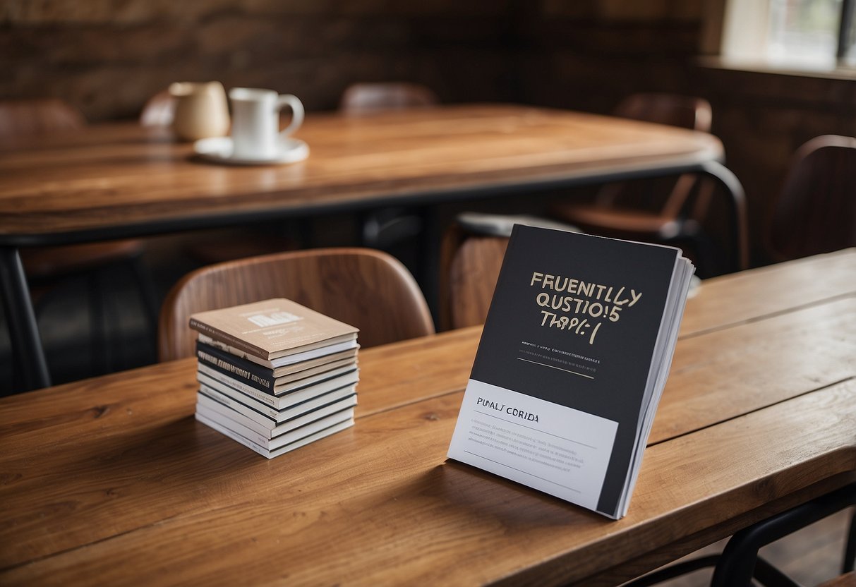 A rustic cedarwood table surrounded by chairs, with a stack of brochures labeled "Frequently Asked Questions" on the table