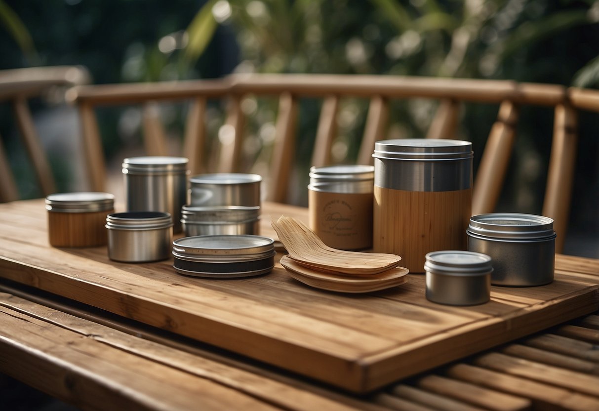 Bamboo furniture laid out with sandpaper, primer, and paint cans nearby