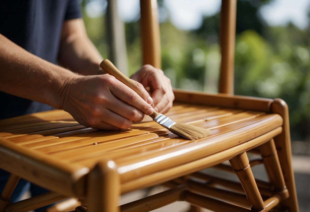 A person is using a brush to apply a clear varnish to a bamboo chair, adding a glossy finish. Another person is using a small paintbrush to carefully paint intricate designs onto a bamboo table
