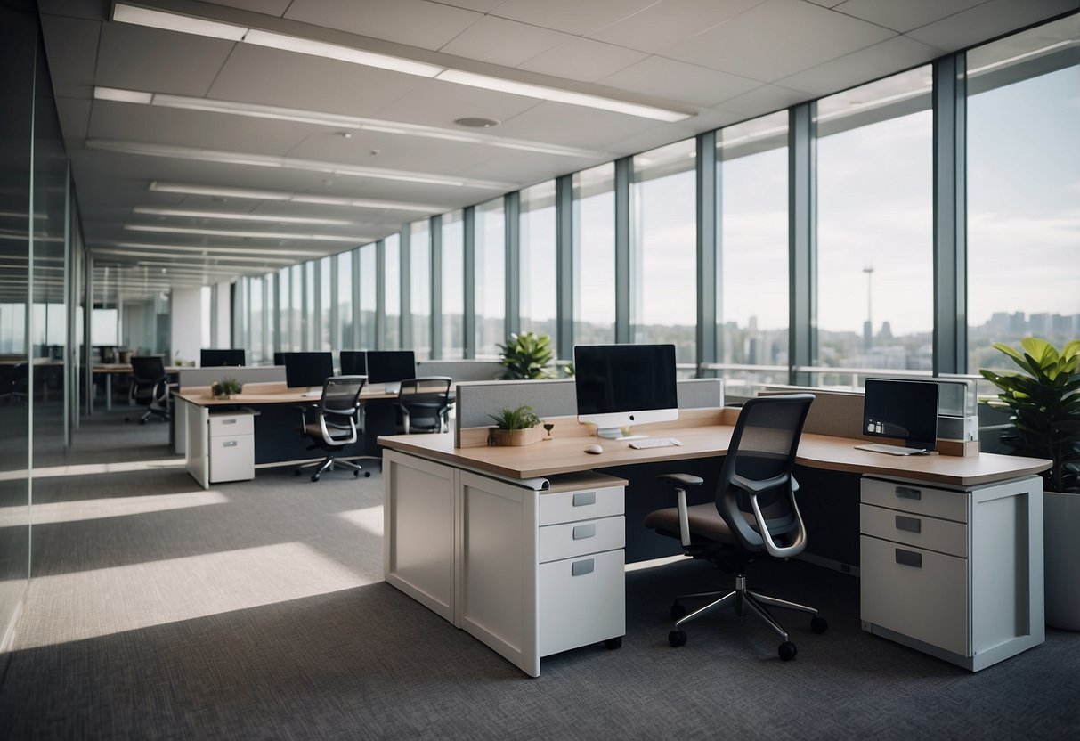 A modern office with sleek, modular furniture arranged in a spacious layout, with clear signage indicating "Frequently Asked Questions" and a professional, organized atmosphere