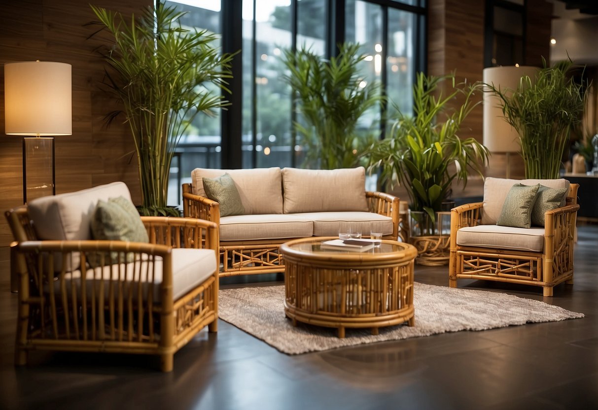 A bamboo furniture set with a "Frequently Asked Questions" sign displayed prominently
