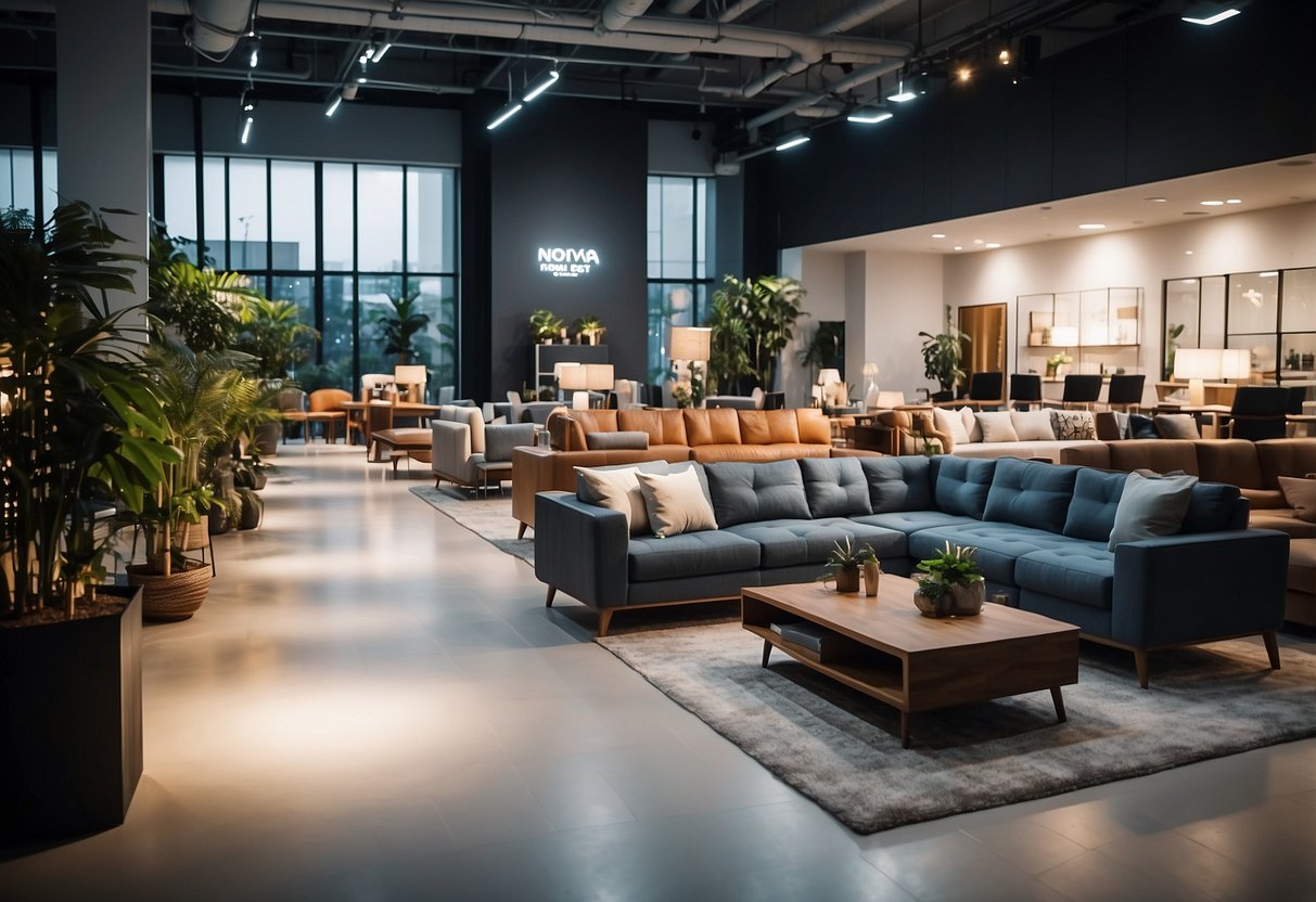 A spacious showroom with rows of modern furniture displayed under bright lighting at Novena Furniture Outlet