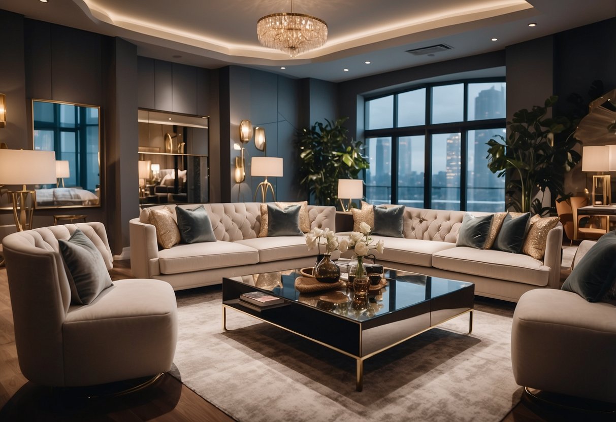 A spacious showroom filled with modern and elegant furniture pieces, arranged in stylish room settings, with soft lighting and cozy ambiance