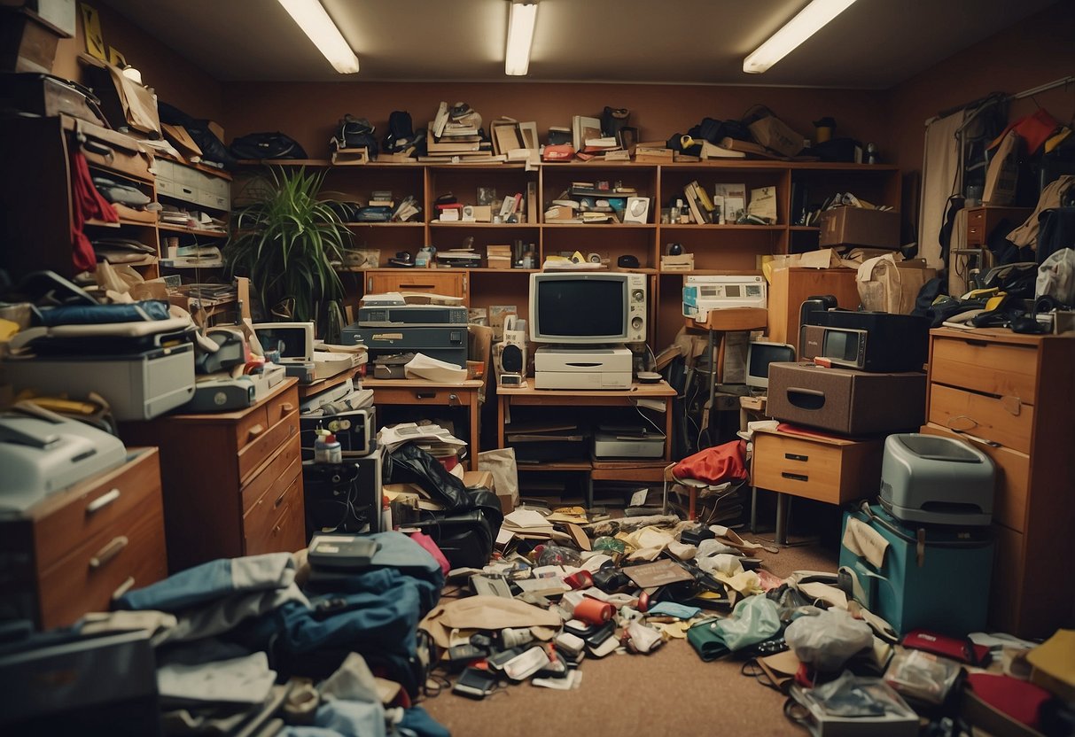 A cluttered room with mismatched, worn-out furniture from the reject shop. Items are haphazardly placed, creating a disorganized and chaotic atmosphere