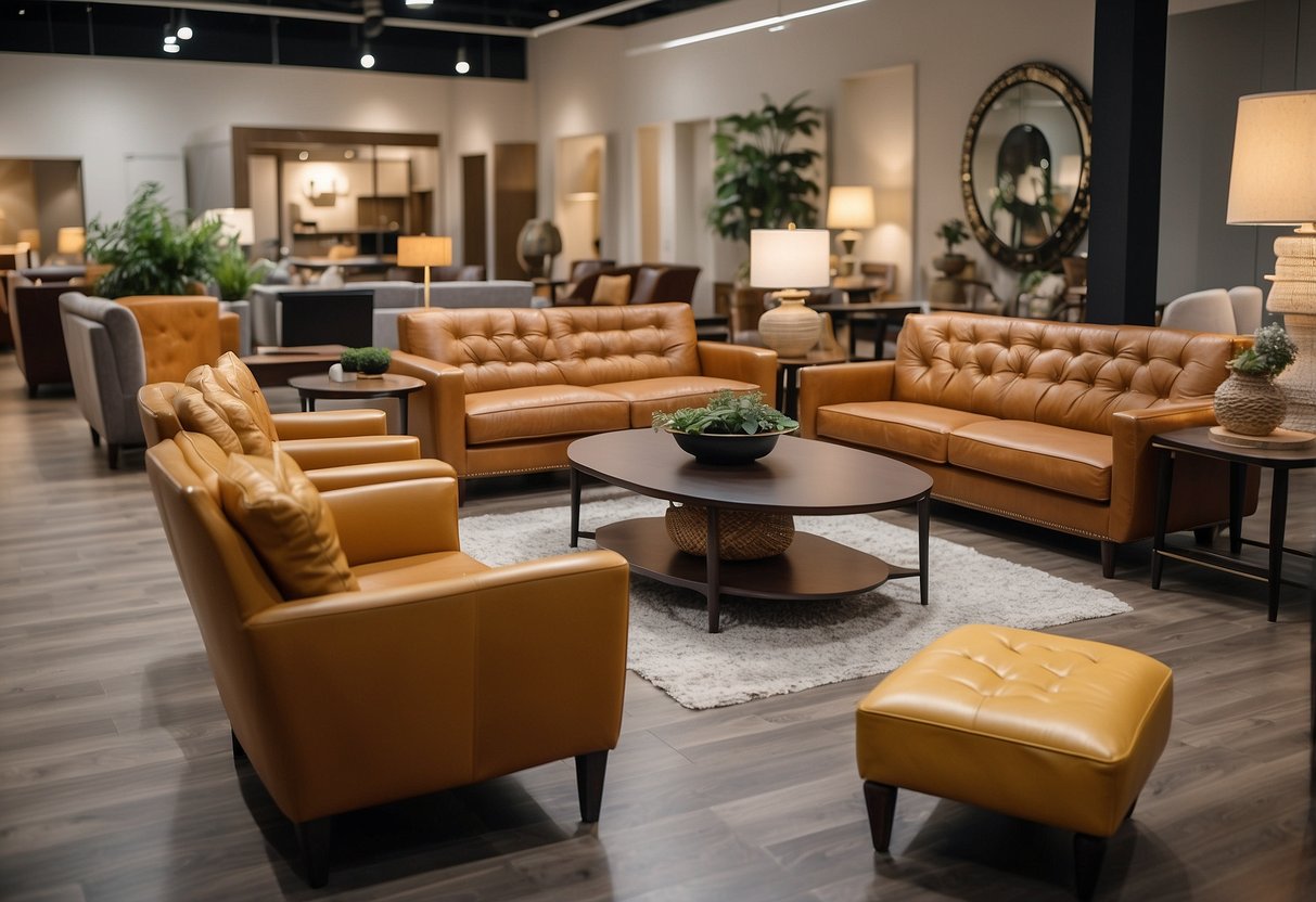 A variety of affordable furniture items are displayed in a well-lit showroom, showcasing different styles and designs for customers to explore