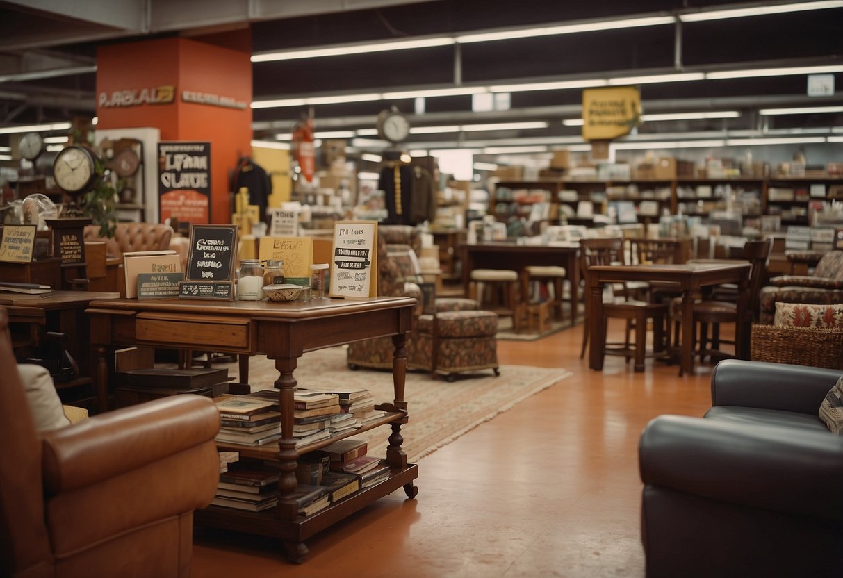 The reject shop's furniture section, with various items neatly displayed and labeled "Frequently Asked Questions" signs scattered throughout the area
