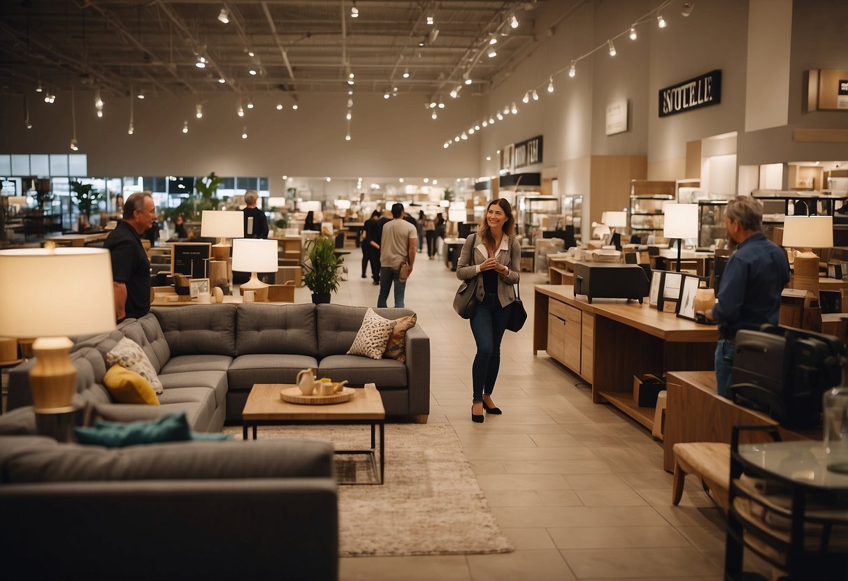 A bustling furniture outlet with customers browsing, staff assisting, and signs displaying "Frequently Asked Questions" throughout the store